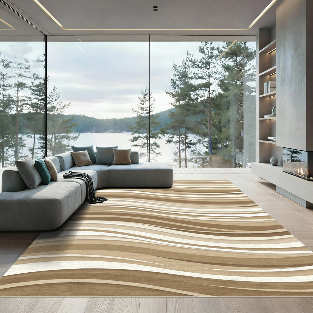 Modern Beige Layered Wavy Lines Rug