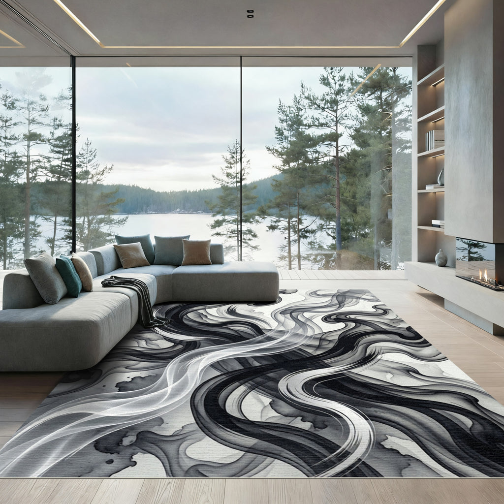 Ink Swirl Black White Abstract Flow Rug