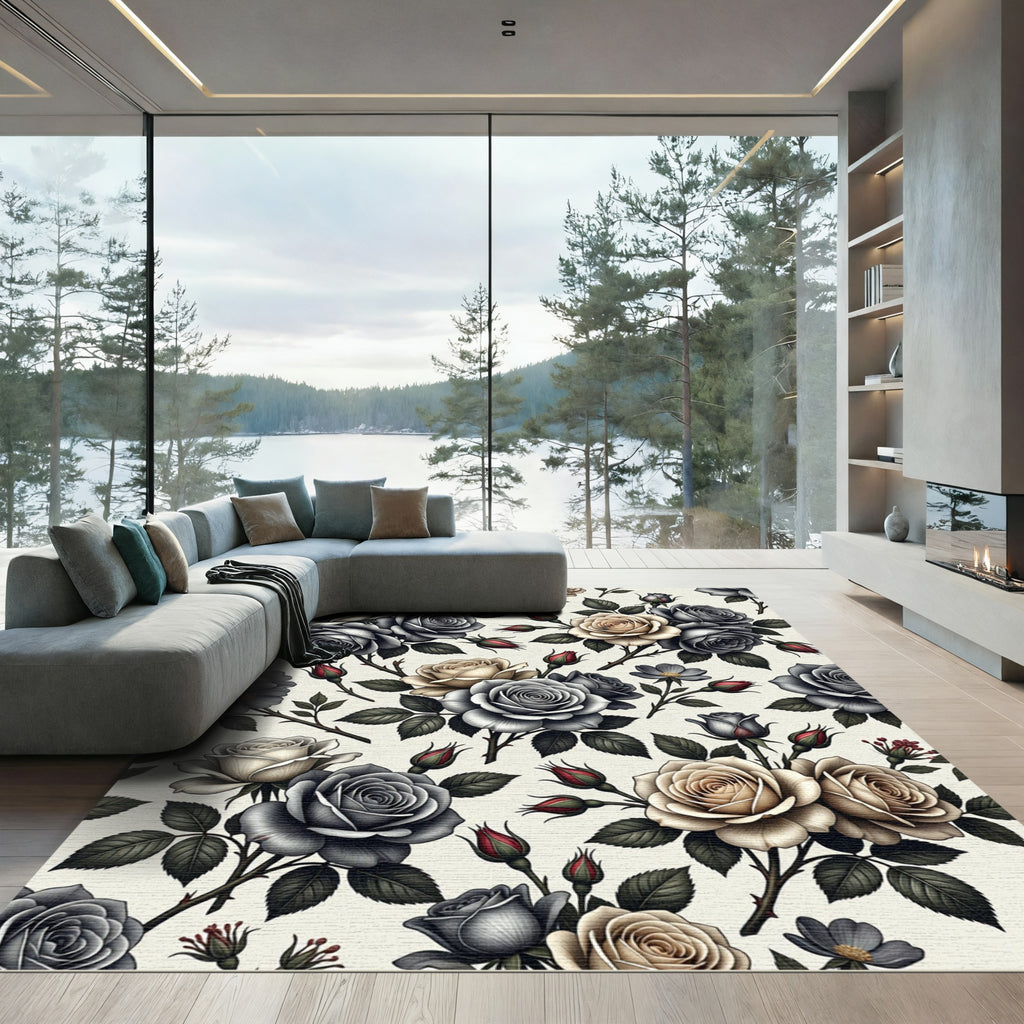 Elegant Noir and Cream Rose Bouquet Rug