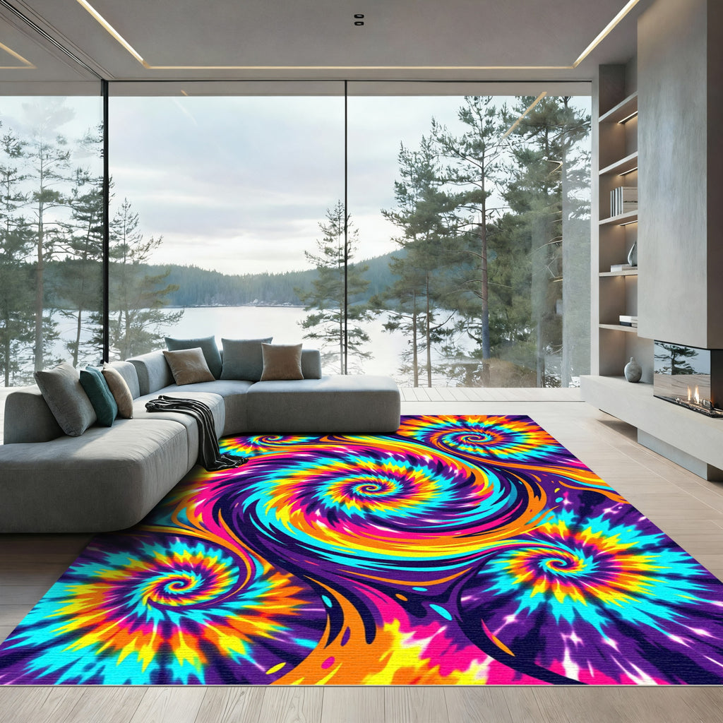 Vibrant Multicolored Neon Spiral Flow Rug