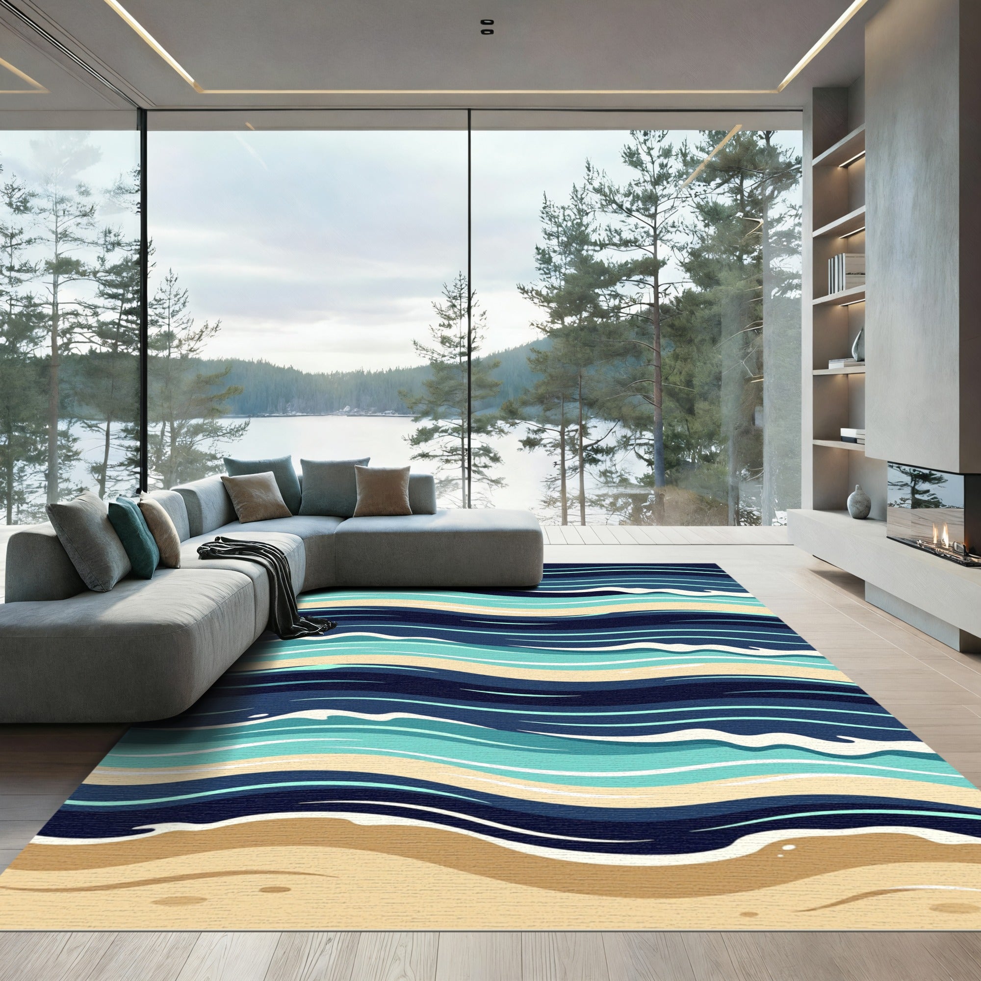 Abstract Nautical Blue Wave Shoreline Rug