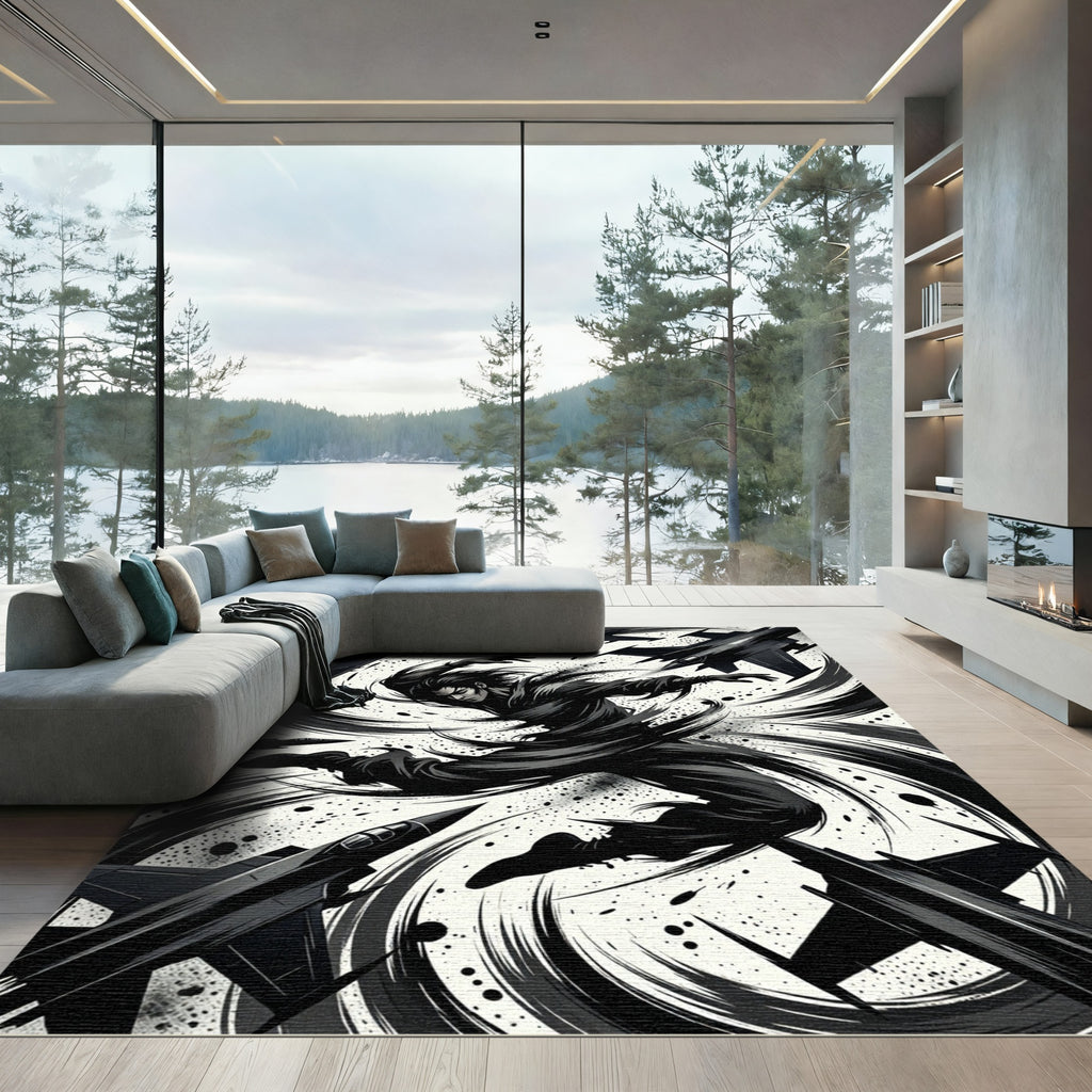 Dynamic Monochrome Jet Fighter Swirl Art Rug