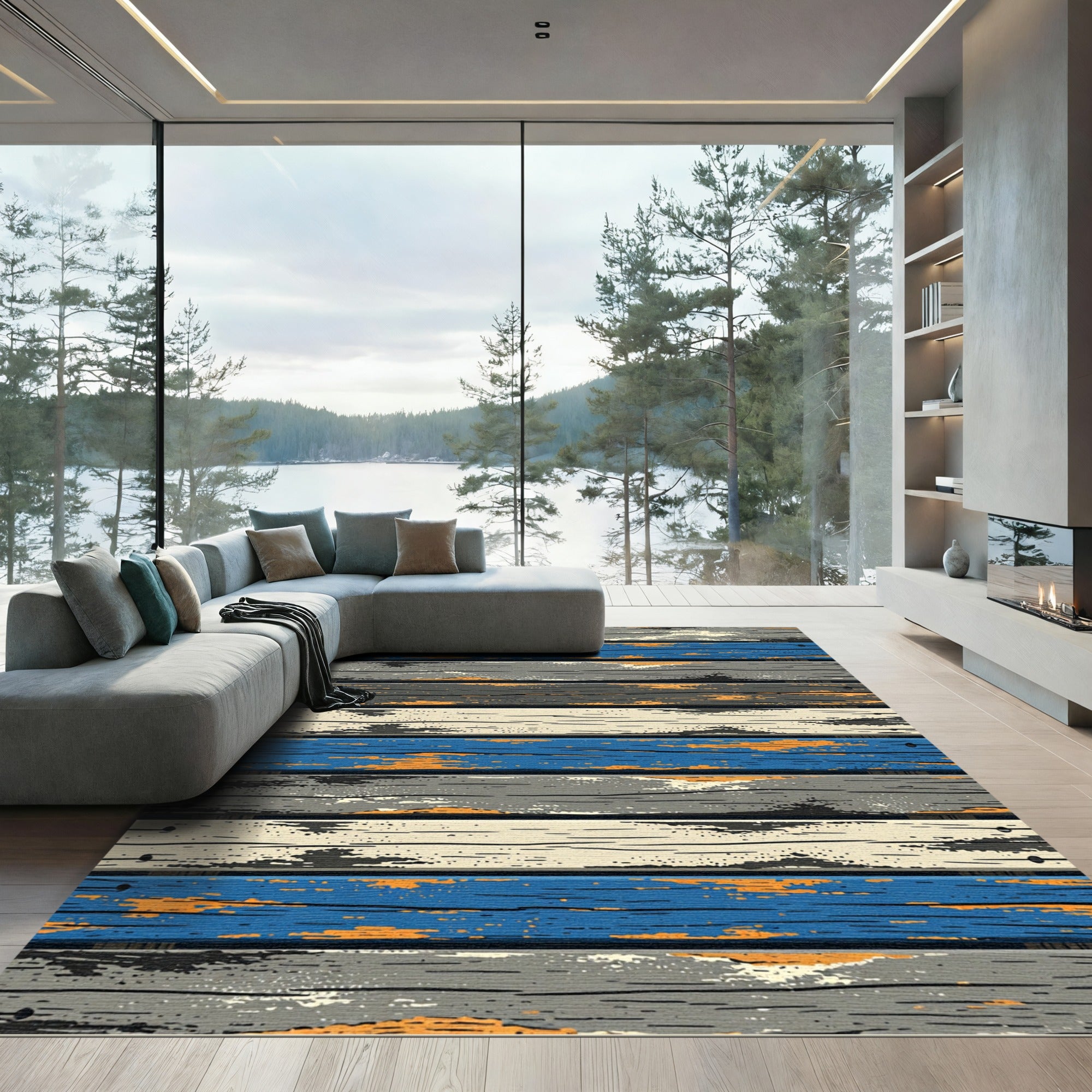 Distressed Wood Grain Blue Orange Rug