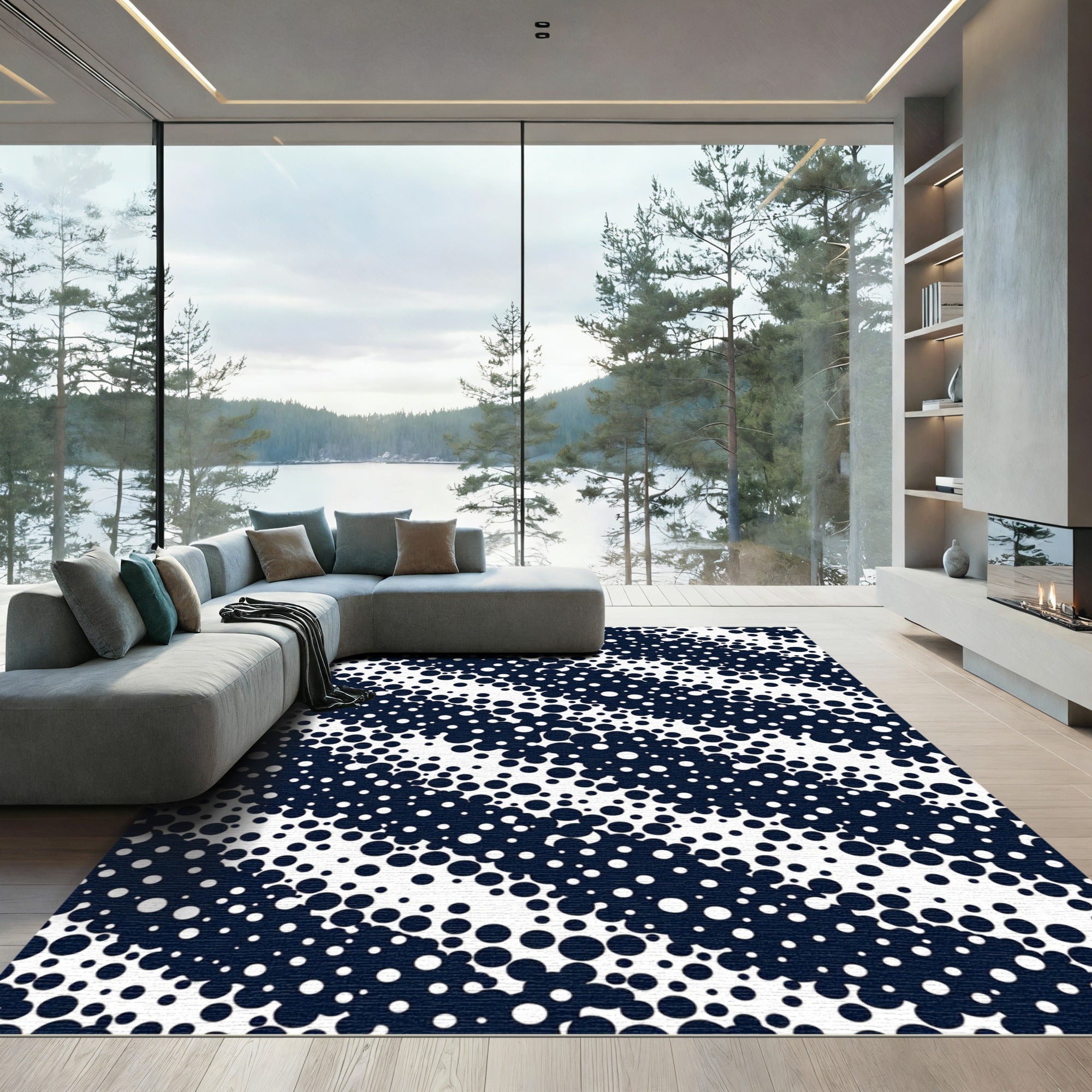 Modern Navy Monochrome Polka Dot Diagonal Rug
