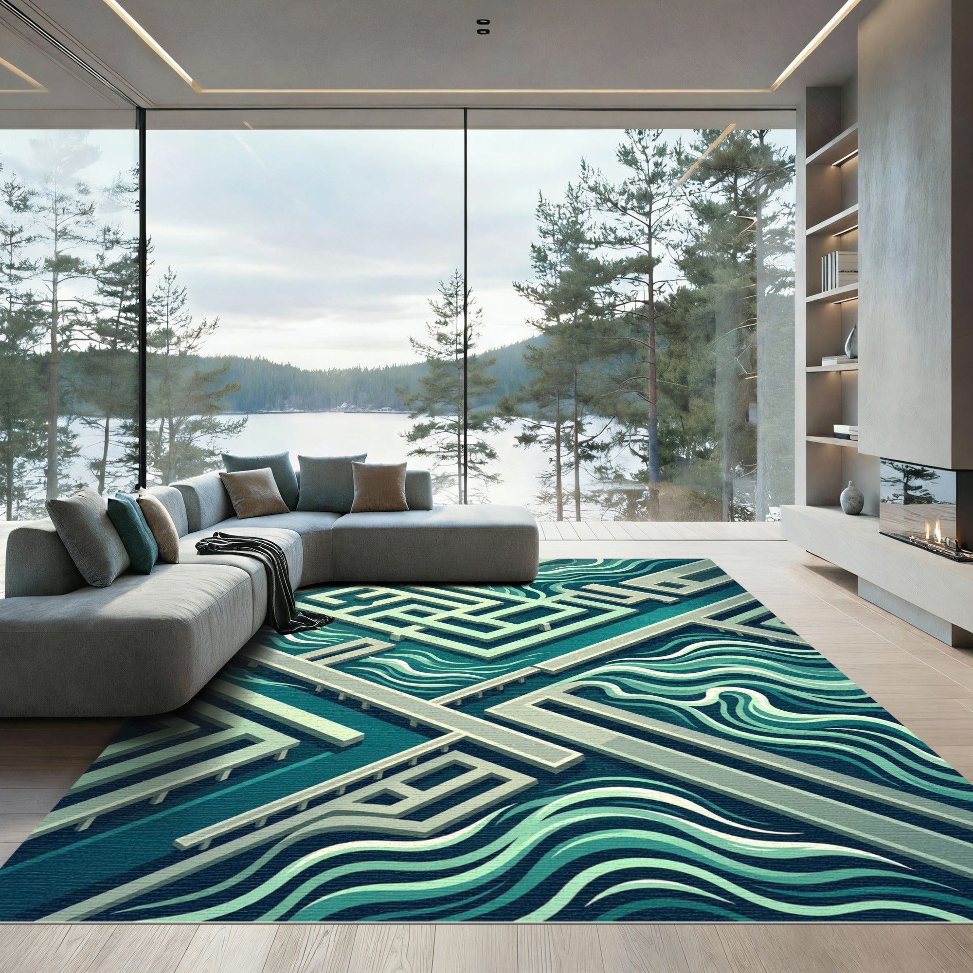 Isometric Teal Abstract Geometric Wave Rug