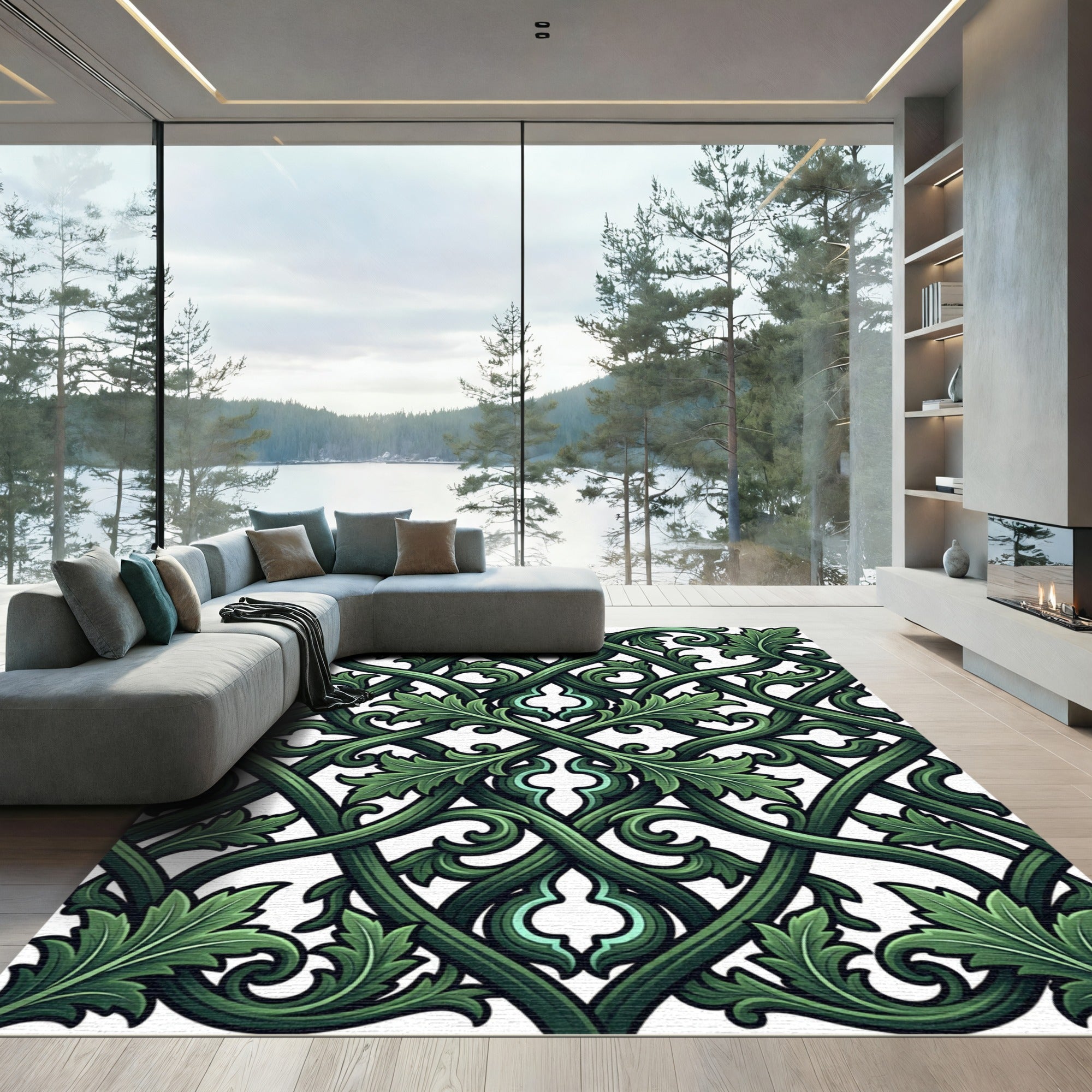Deep Green Ornate Scrollwork Lattice Rug