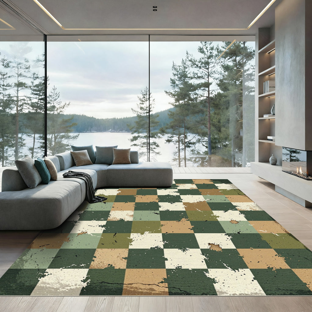 Earthy Checkered Paint Splatter Rug