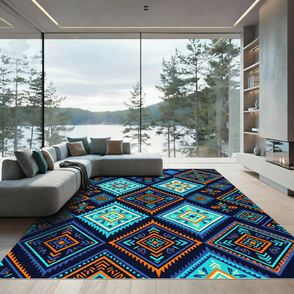 Vibrant Orange and Teal Geometric Diamonds Rug