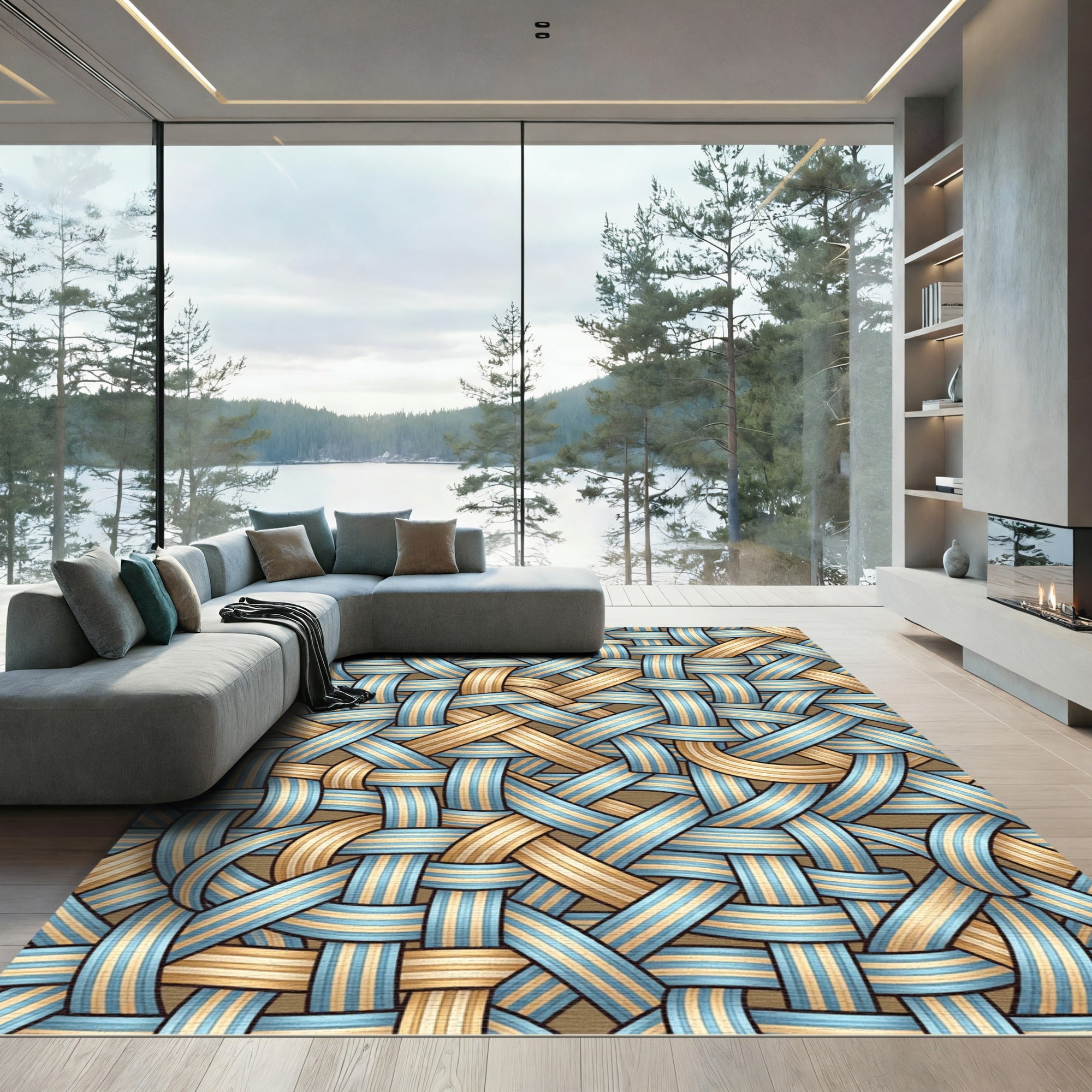 Woven Blue and Gold Interlocking Ribbon Rug