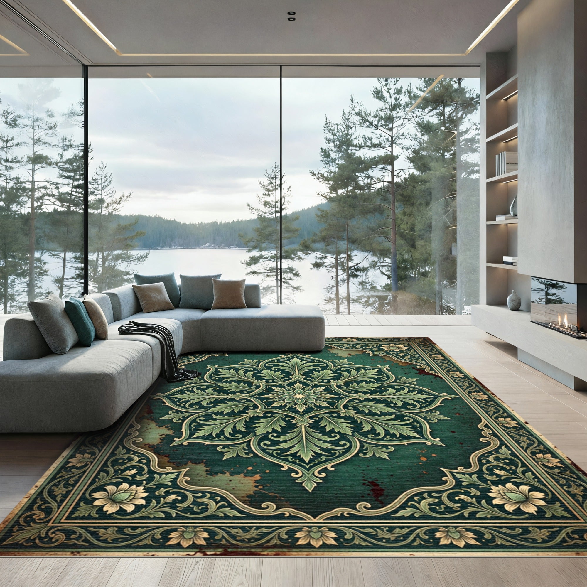 Emerald Green Floral Mandala Frame Rug