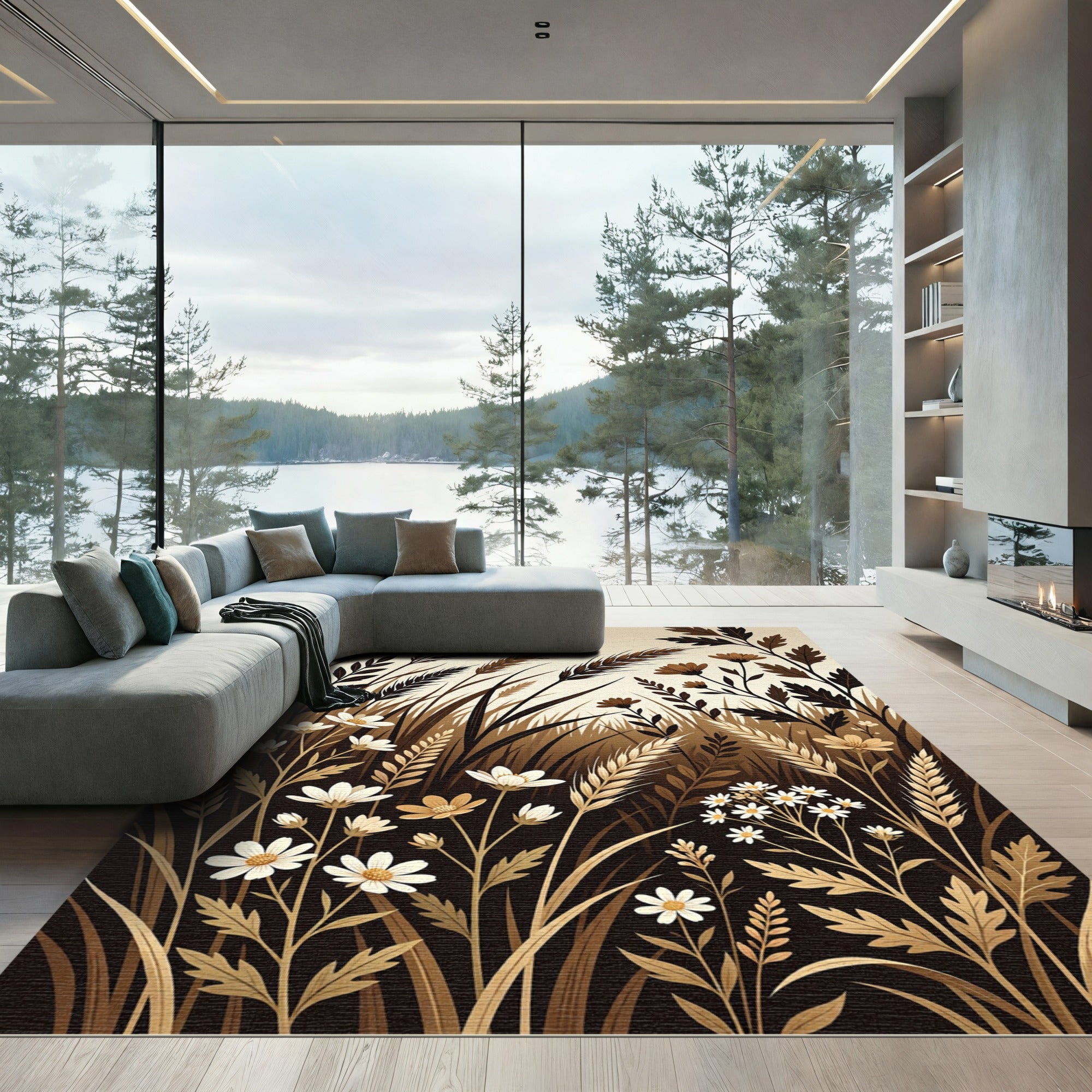 Earthy Tonal Wheatfield Flower Arrangement Rug