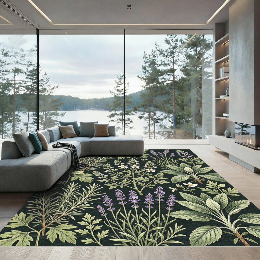 Botanical Herb Garden Dark Floral Illustration Rug
