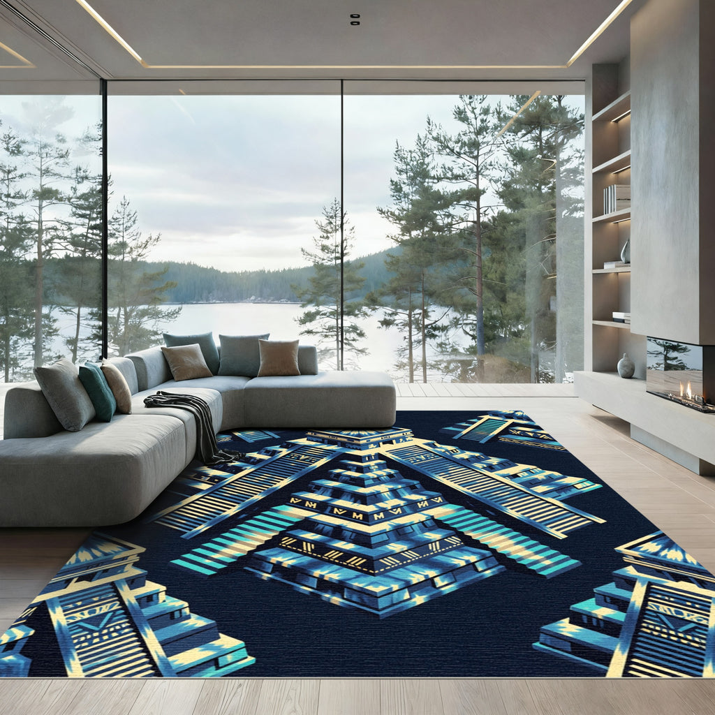 Electric Blue Isometric Ancestral Pyramid Art Rug