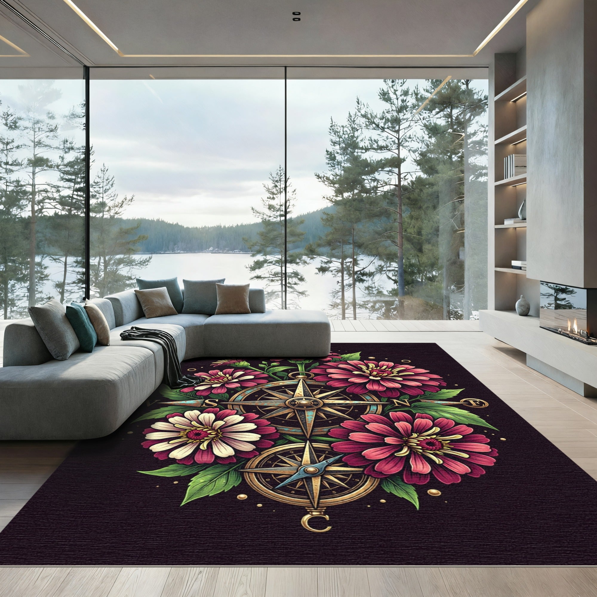 Vintage Floral Compass Nautical Art Rug