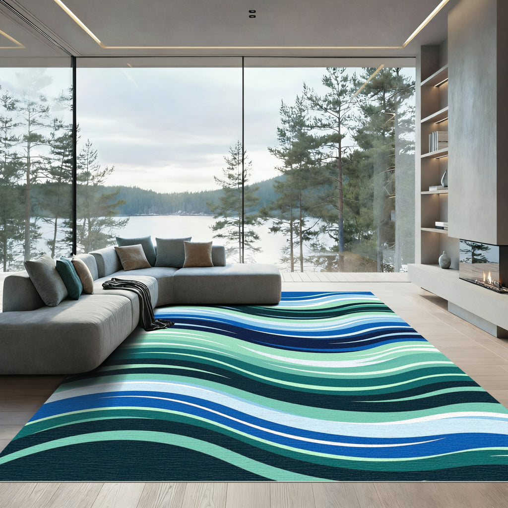 Abstract Ocean Blue Wavy Stripe Rug