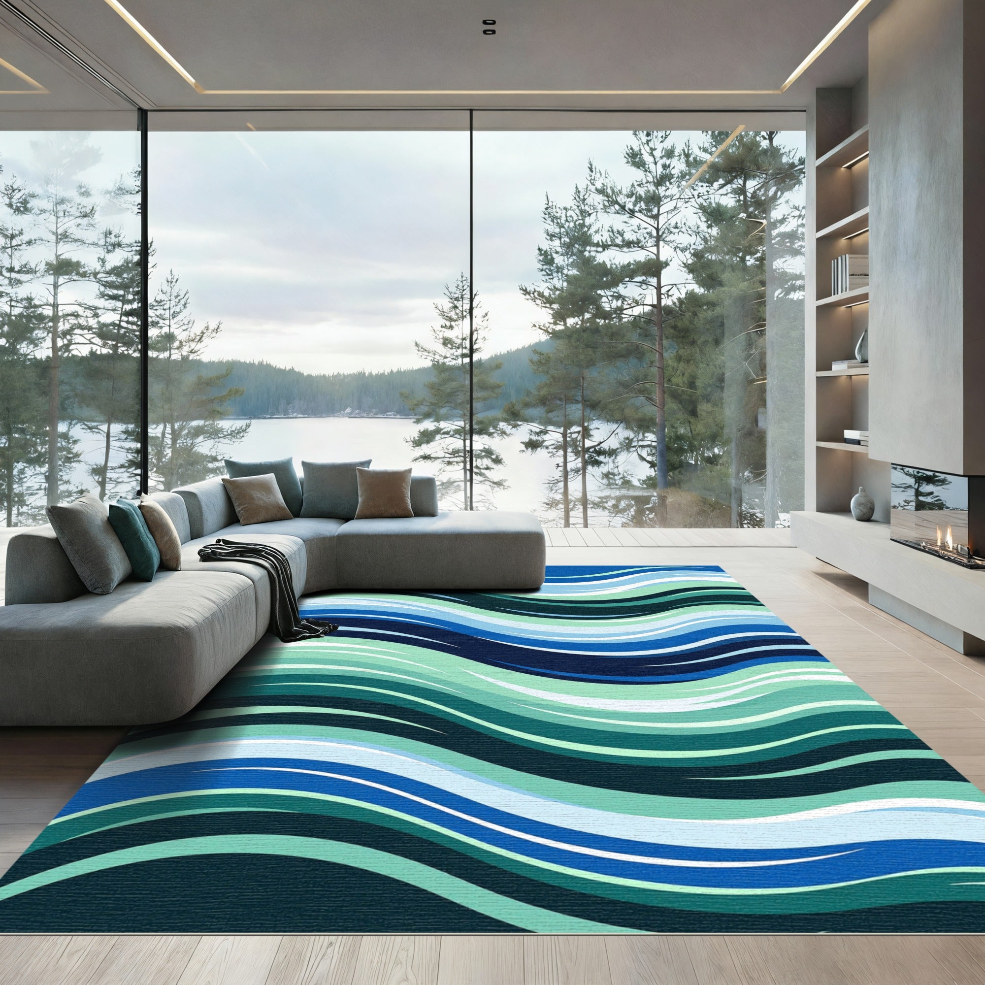 Abstract Ocean Blue Wavy Stripe Rug