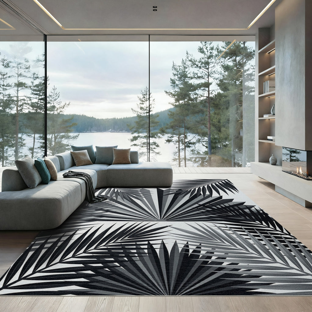 Monochrome Tropical Palm Leaf Art Rug