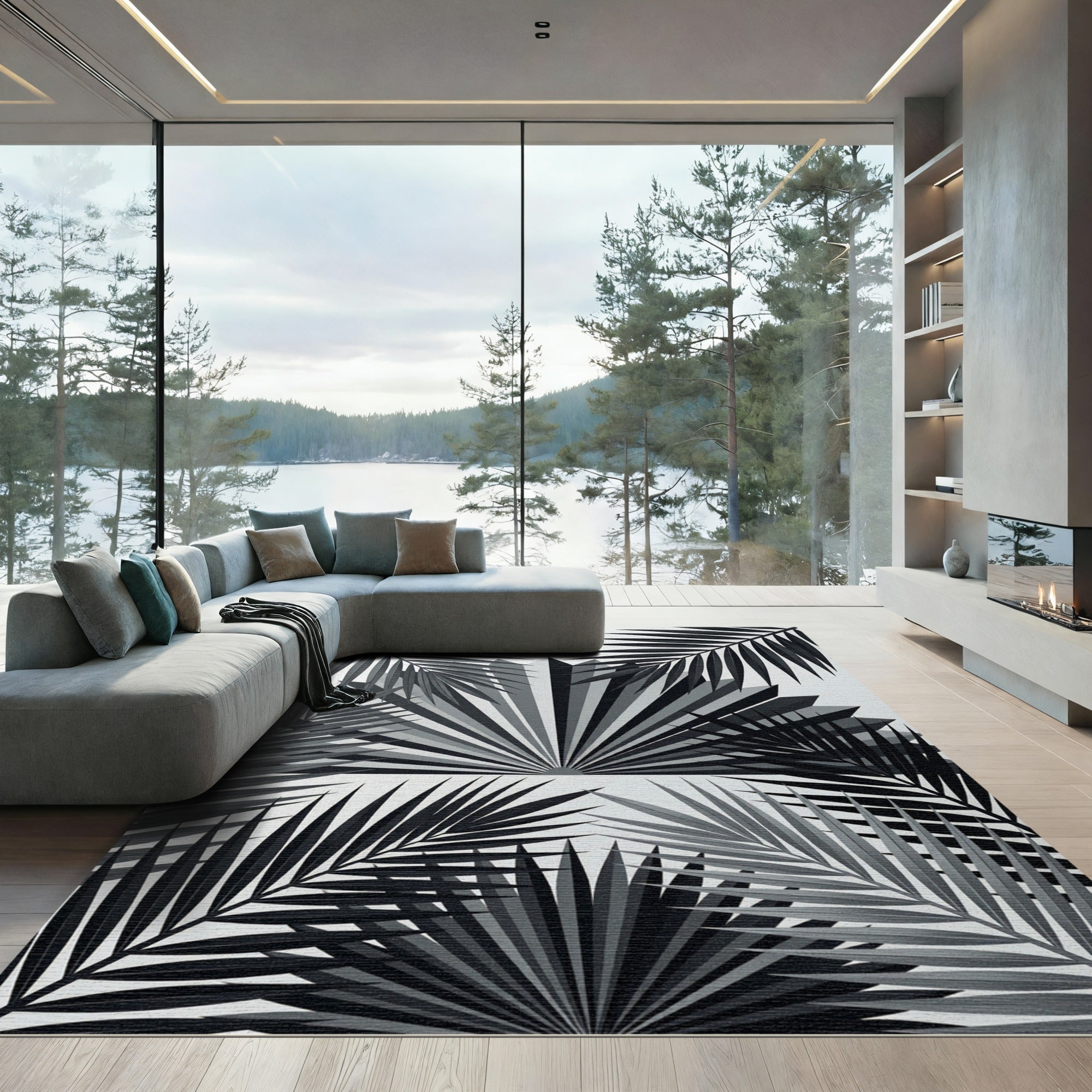 Monochrome Tropical Palm Leaf Art Rug
