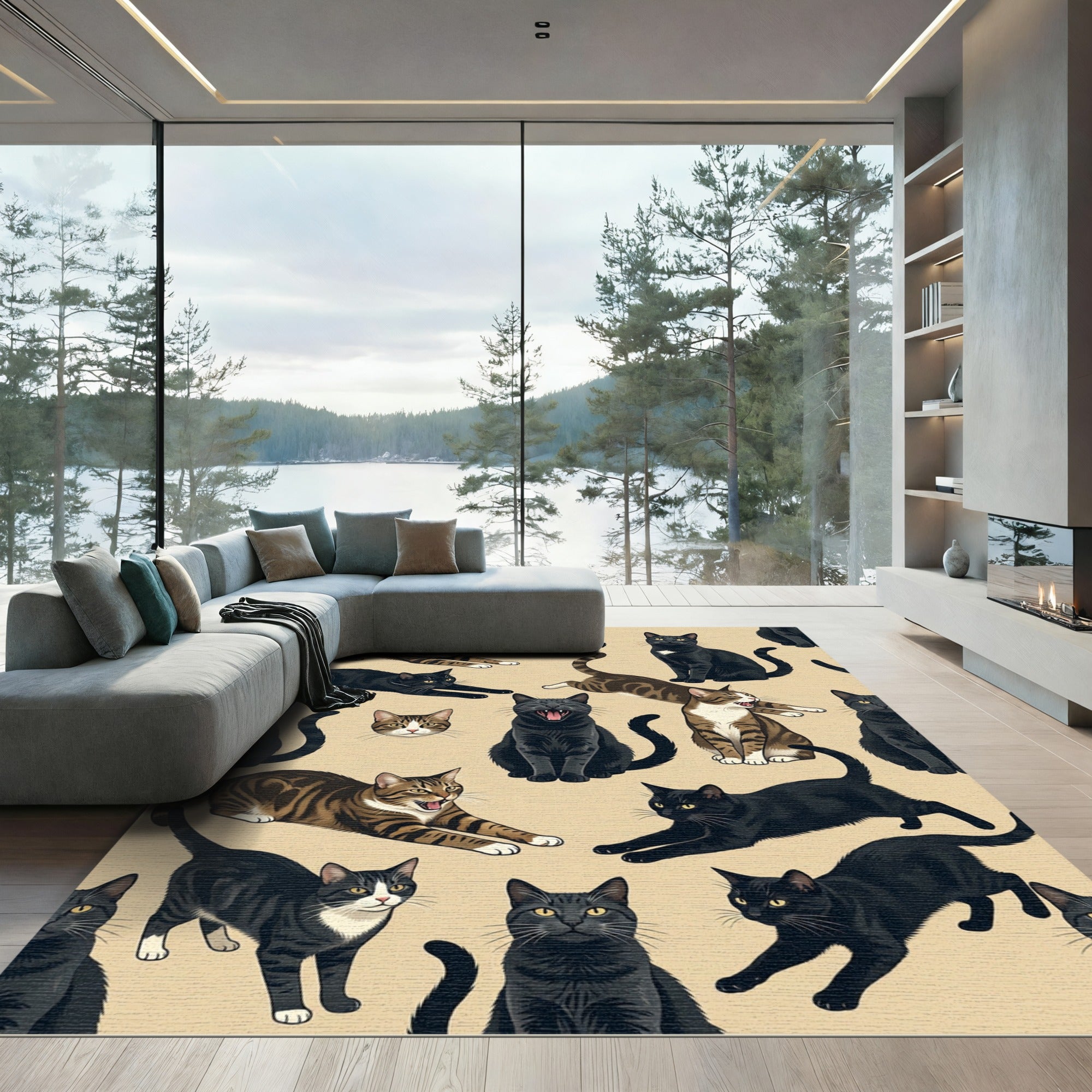 Playful Feline Cats on Cream Backdrop Rug
