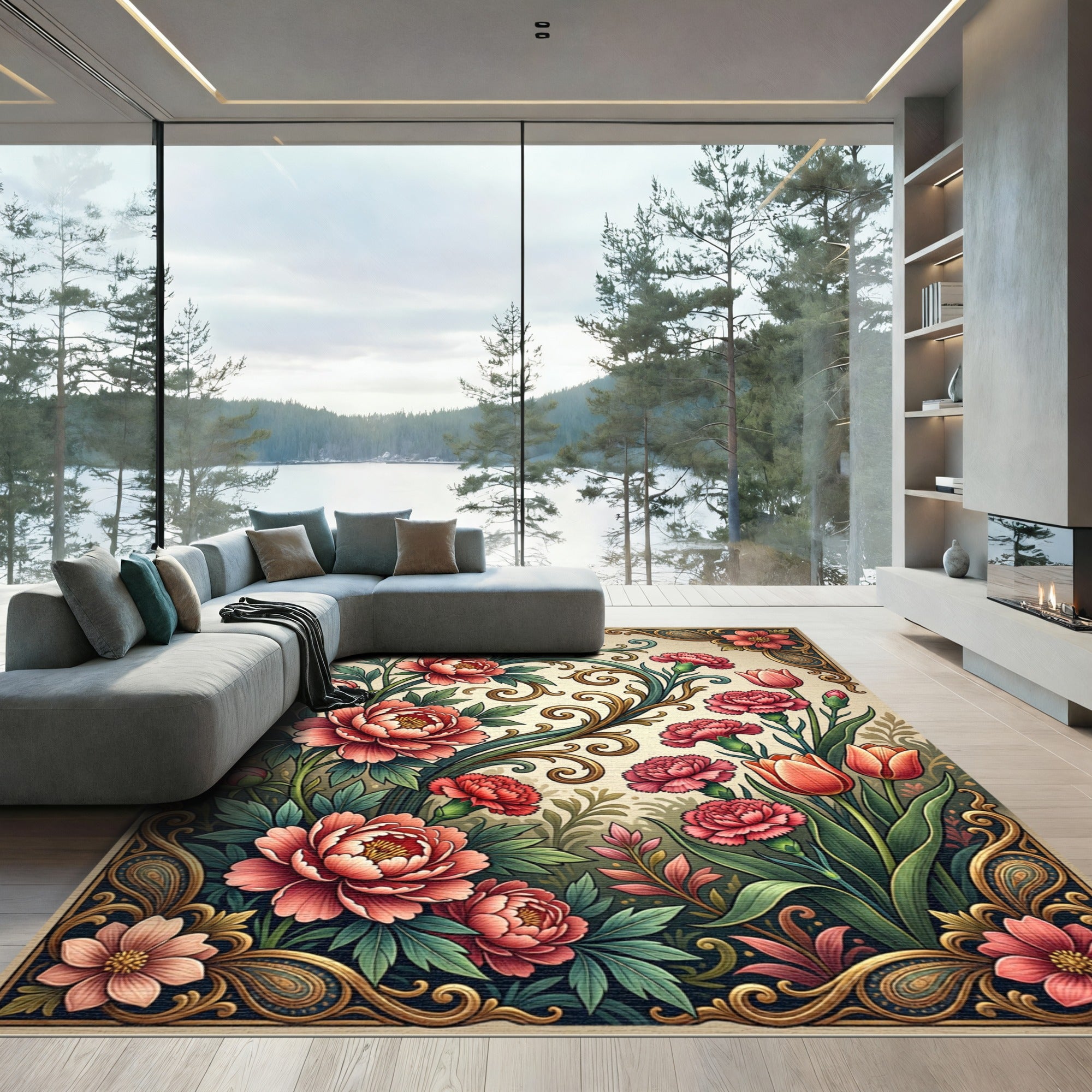 Elegant Vintage Crimson Floral Scroll Rug