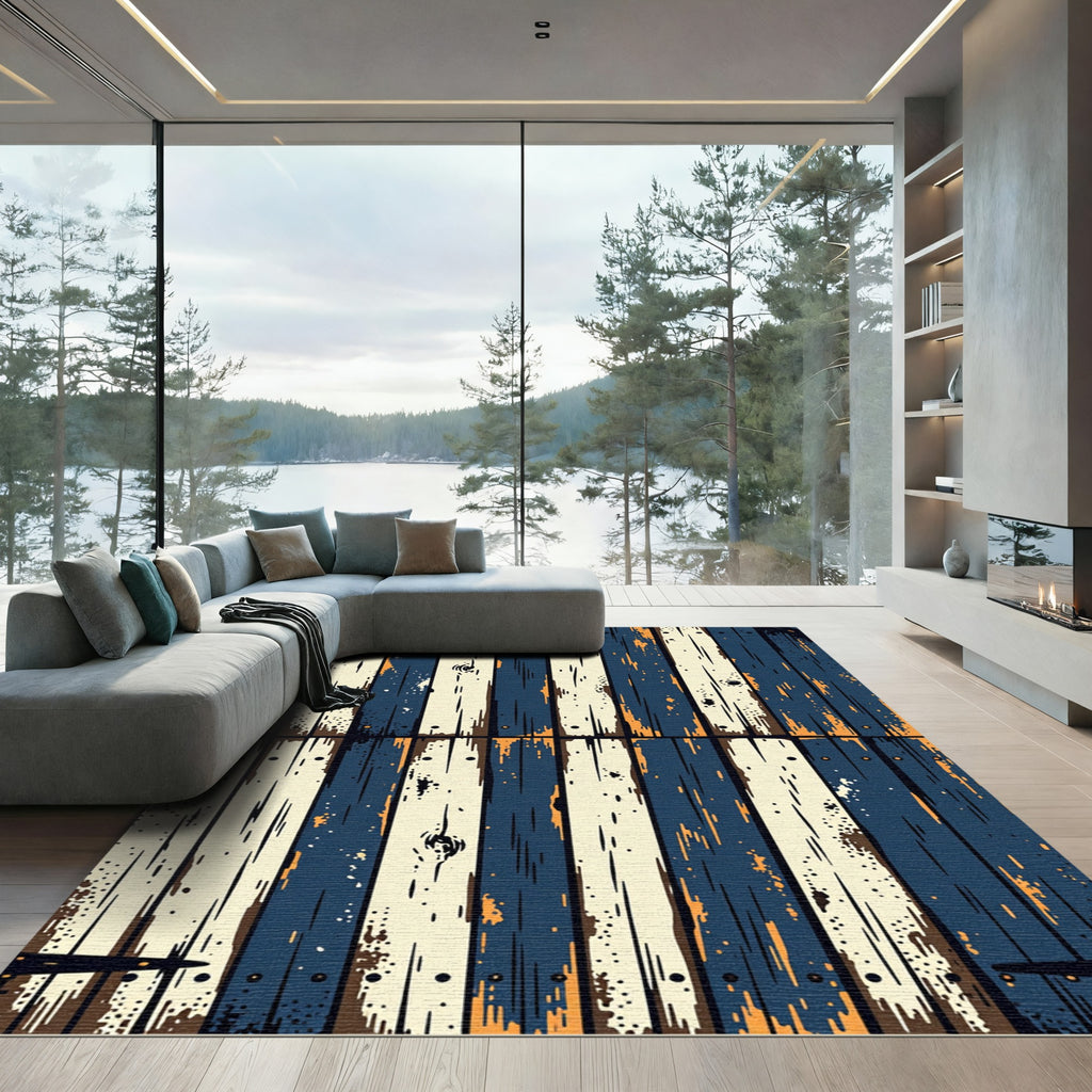 Rustic Navy and Cream Weathered Plank Rug