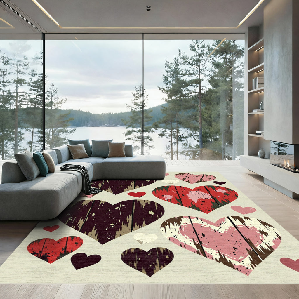 Rustic Distressed Heart Collage Cream Backdrop Rug