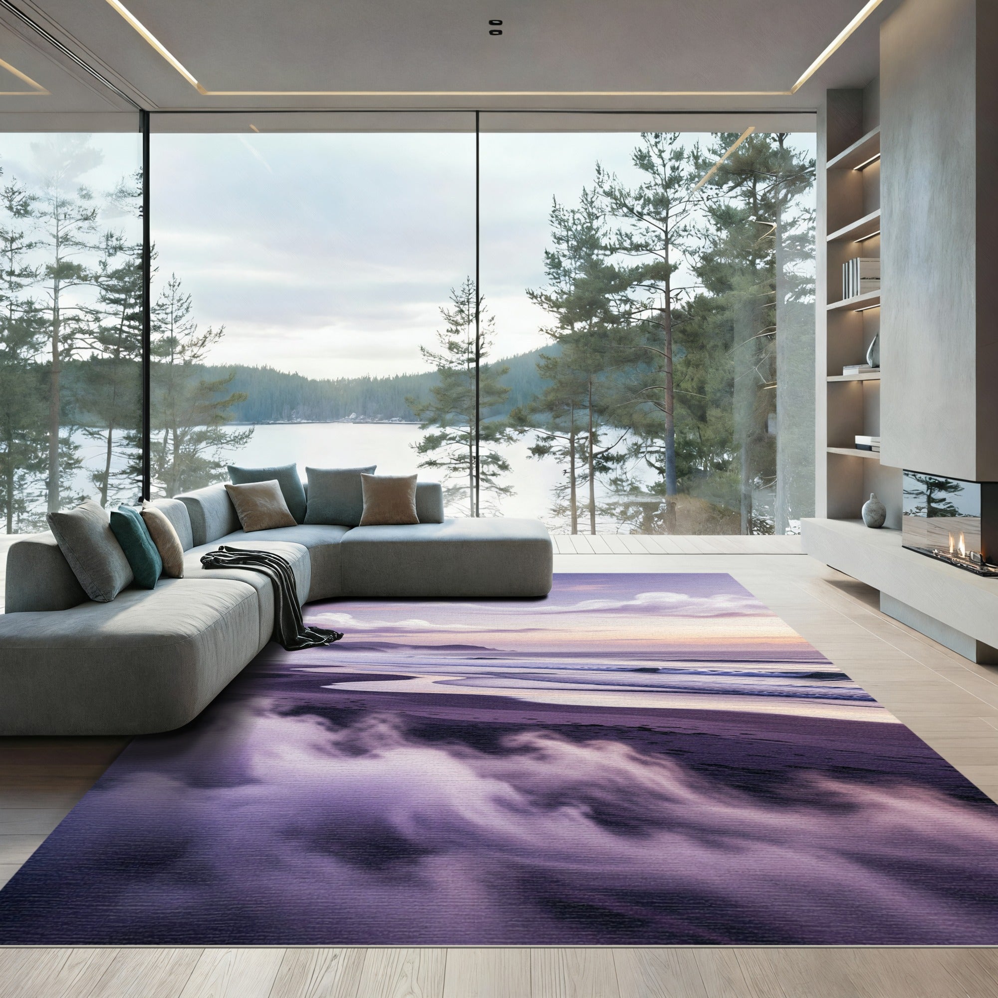 Ethereal Violet Misty Seascape Coastline Rug