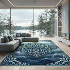 Elegant Cerulean Sea Scroll Medallion Rug