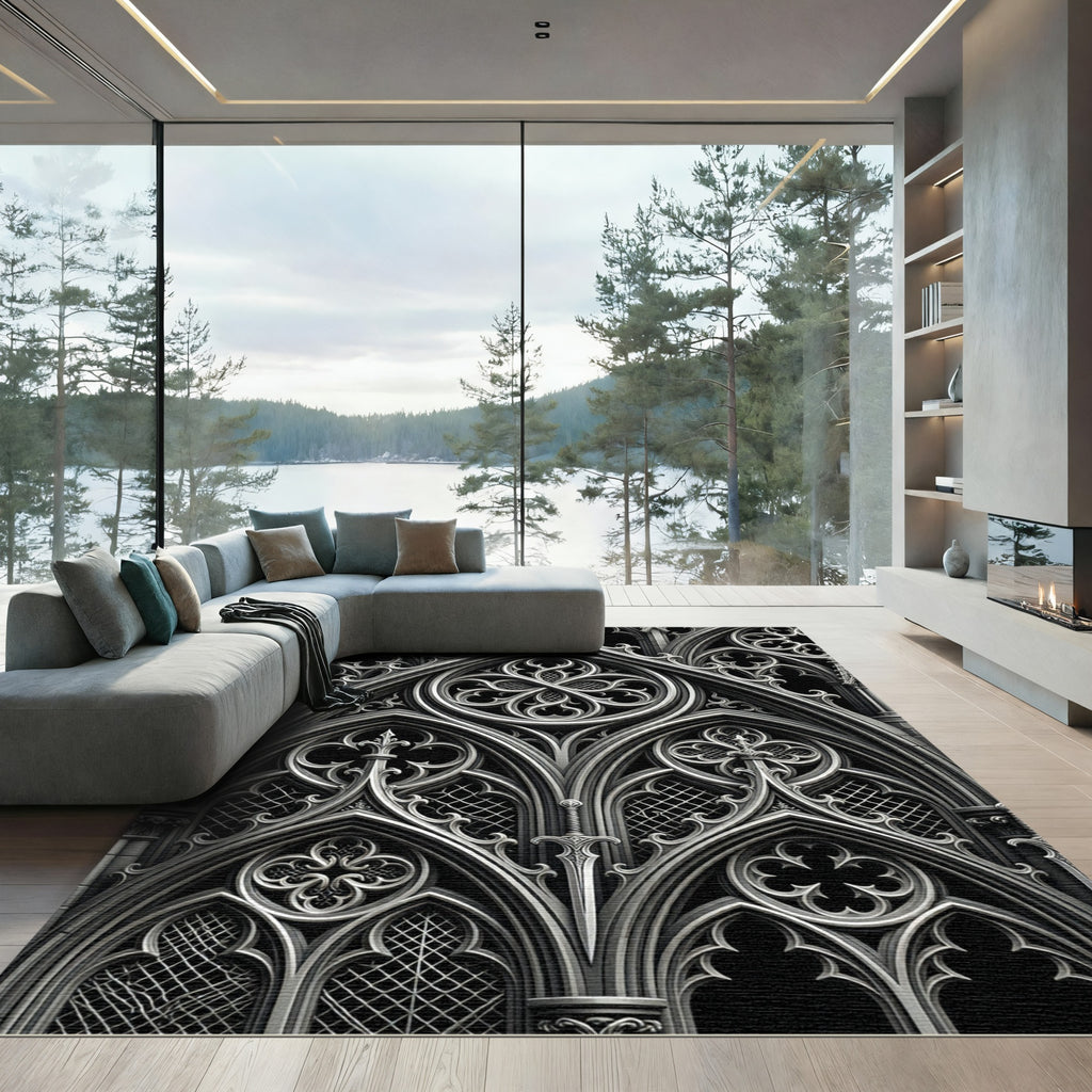 Monochromatic Gothic Arch Iron Scroll Rug