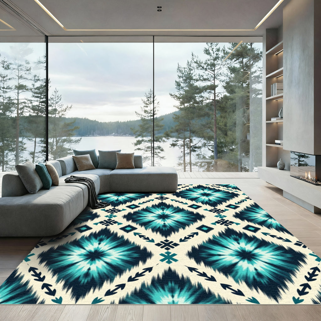 Teal and Navy Geometric Ikat Rug