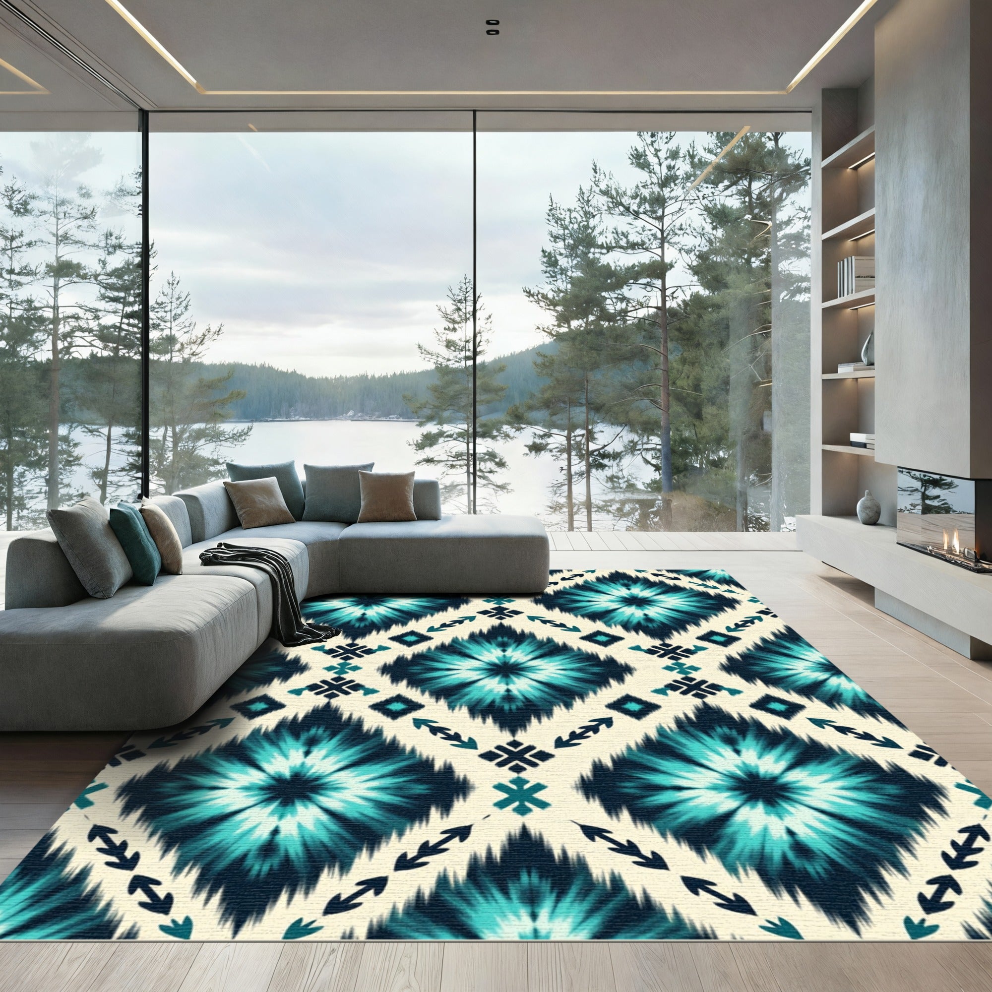 Teal and Navy Geometric Ikat Rug