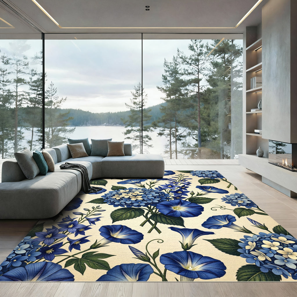 Vibrant Blue Morning Glory Hydrangea Arrangement Rug