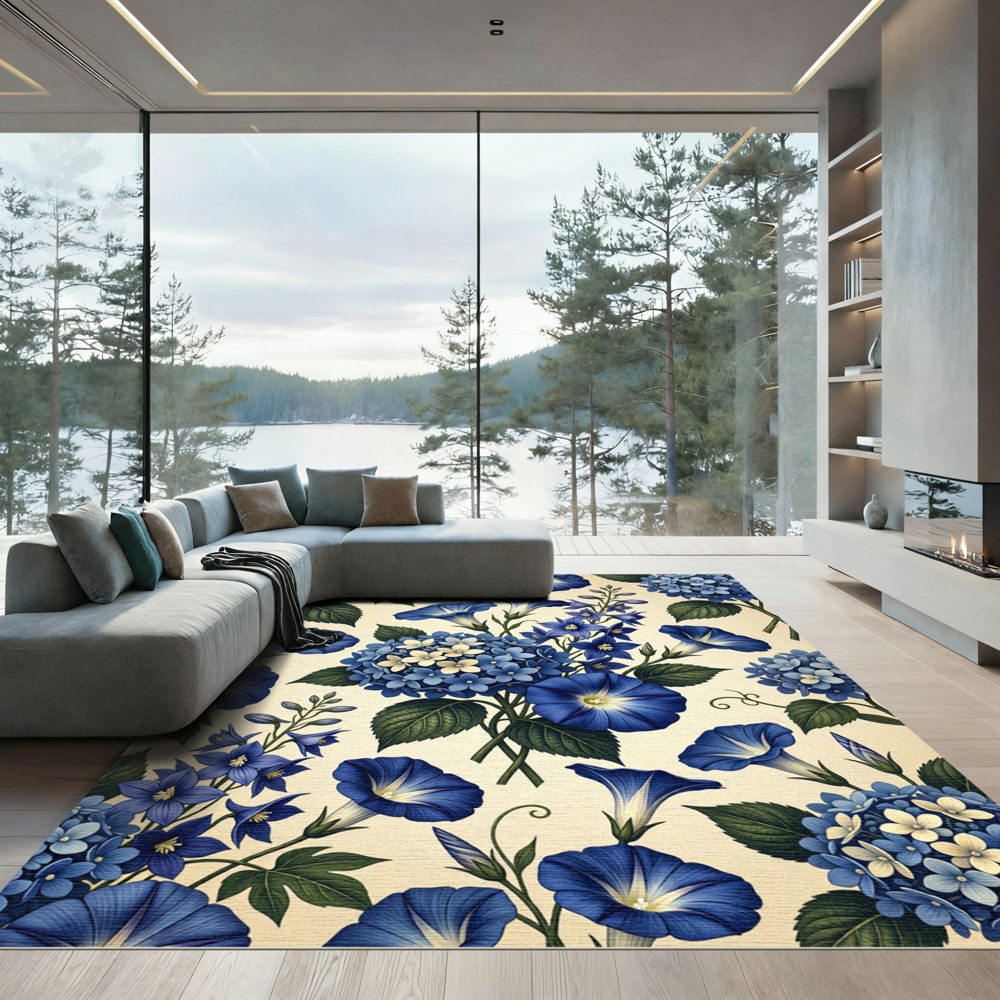 Vibrant Blue Morning Glory Hydrangea Arrangement Rug