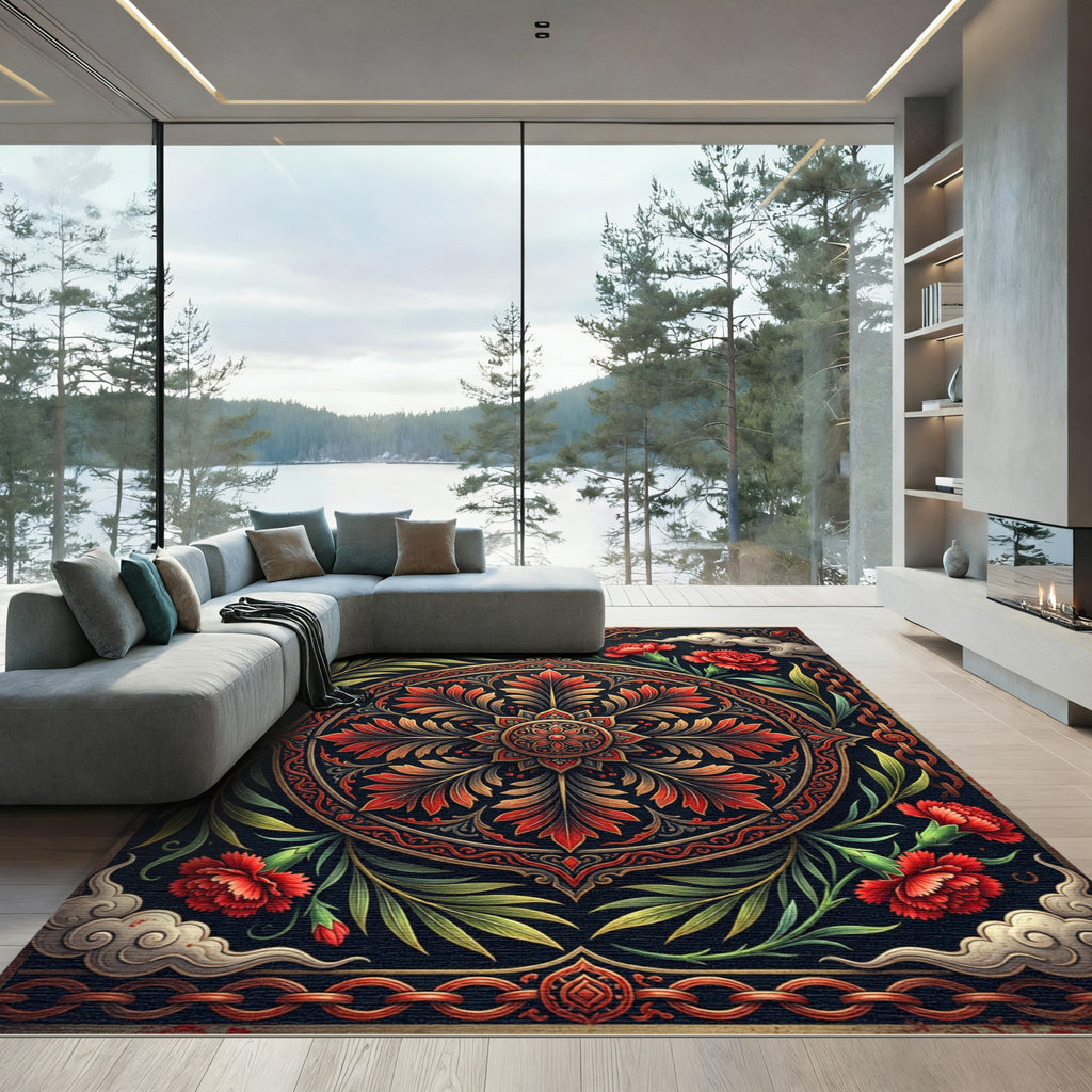 Crimson Floral Ornate Botanical Medallion Rug