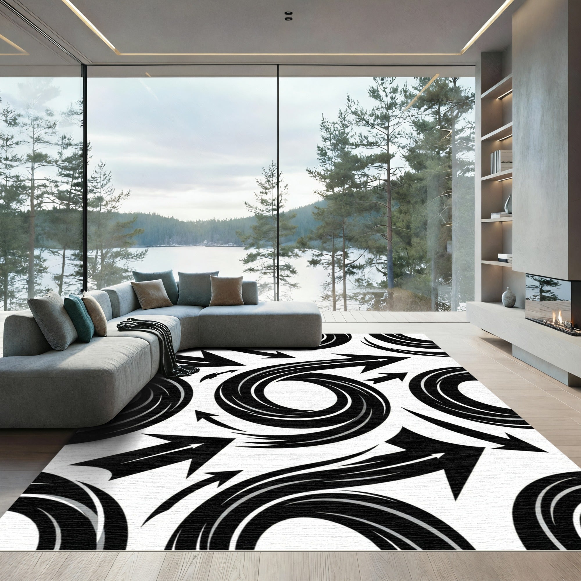 Dynamic Black Swirl Arrow Composition Rug