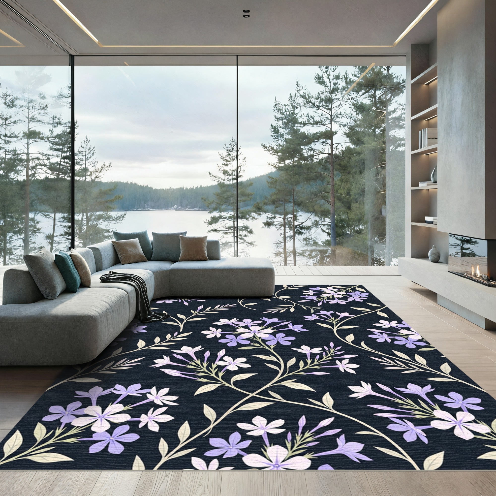 Elegant Lavender Floral Midnight Meadow Rug