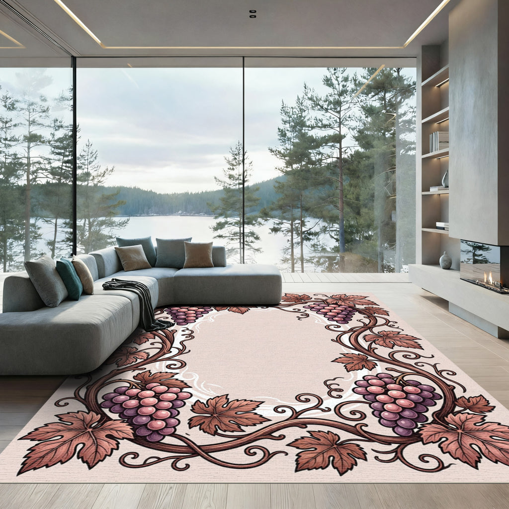 Ornate Brown Grape Vine Border Rug