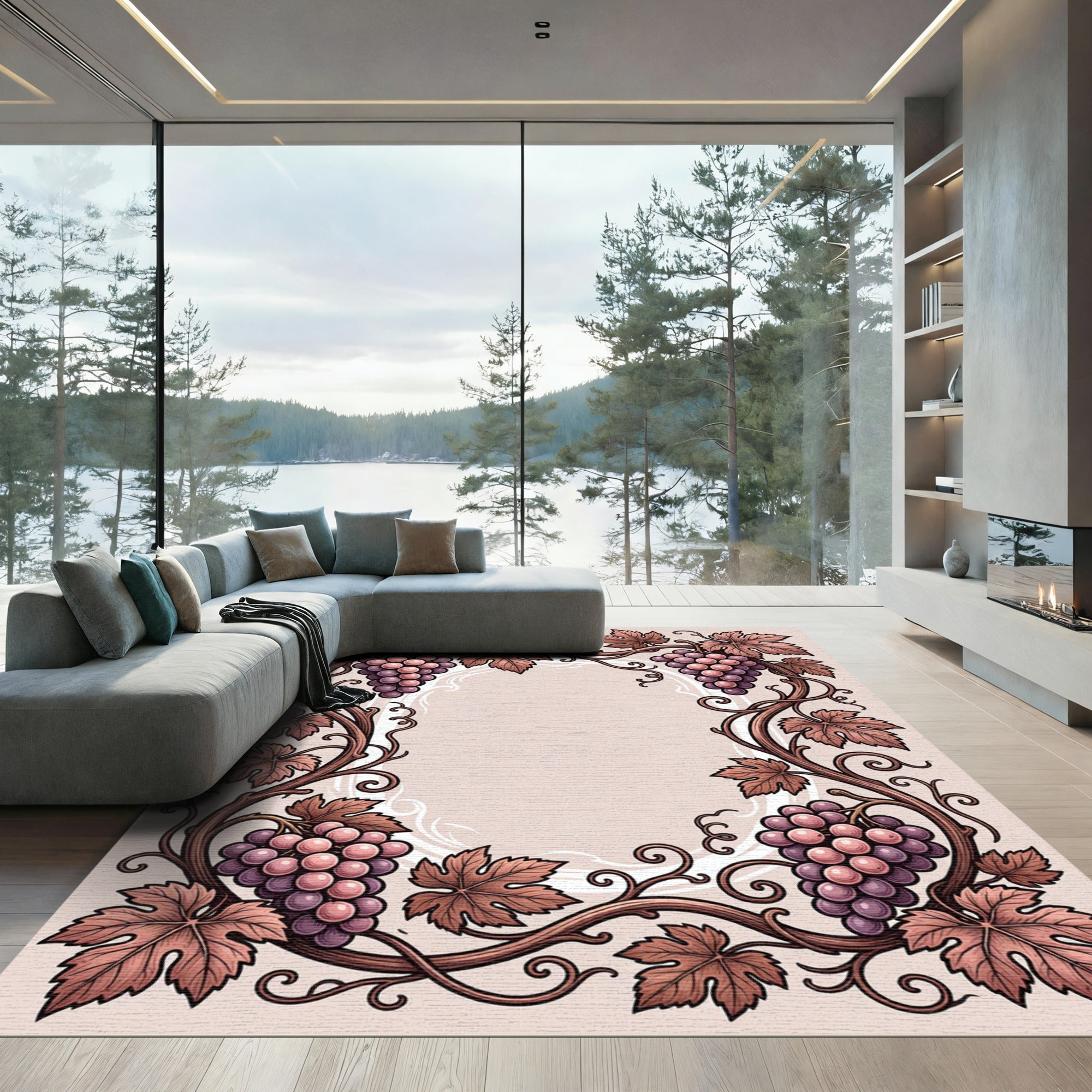 Ornate Brown Grape Vine Border Rug