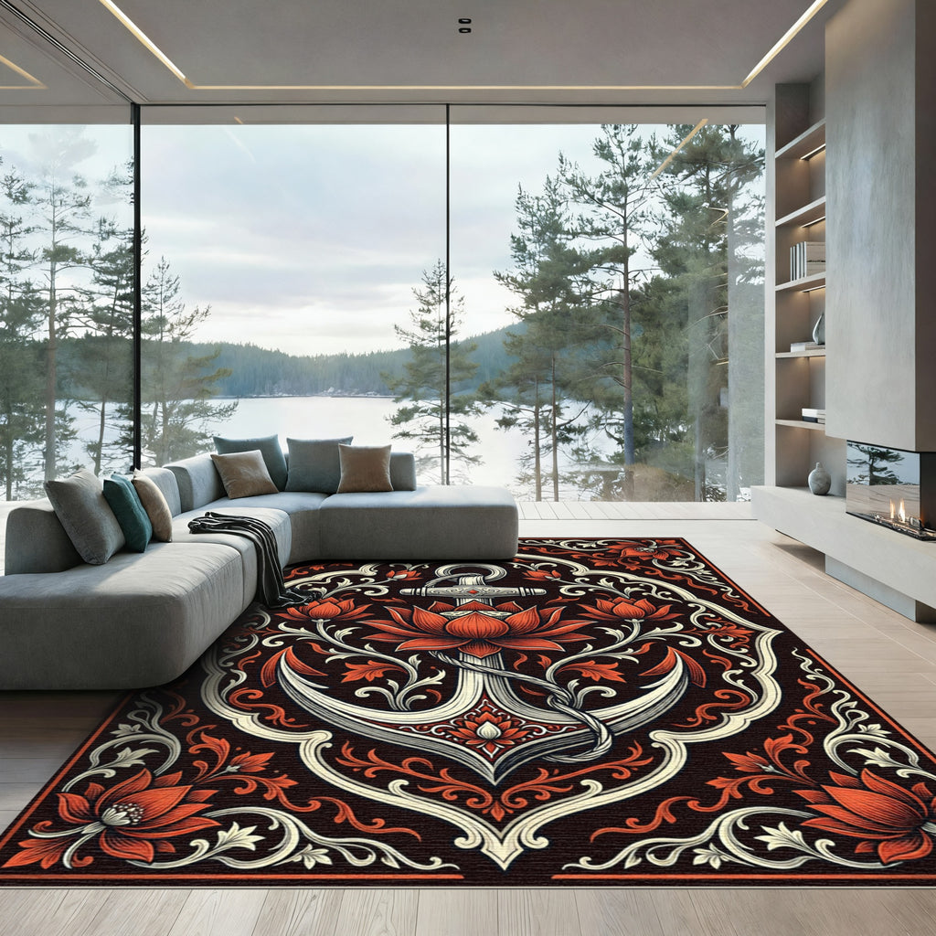 Ornate Crimson Lotus Anchor Tapestry Rug