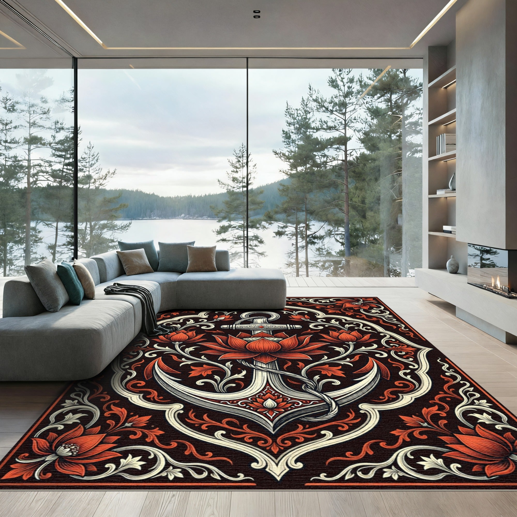Ornate Crimson Lotus Anchor Tapestry Rug