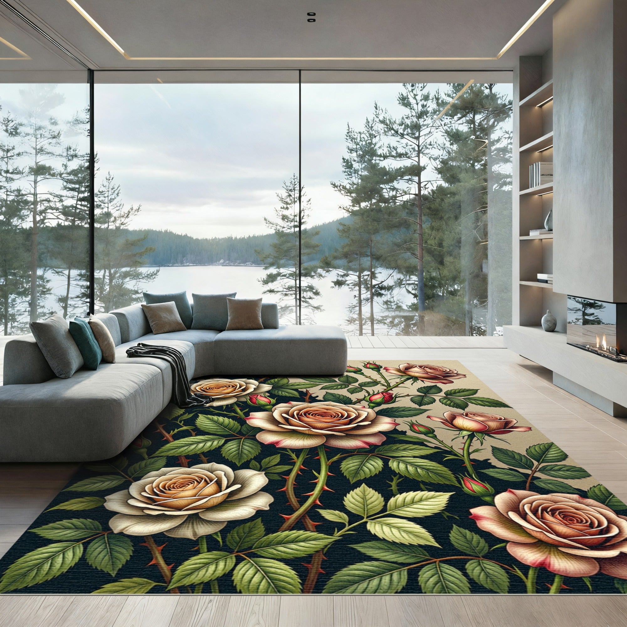 Elegant Dusty Rose Botanical Floral Rug