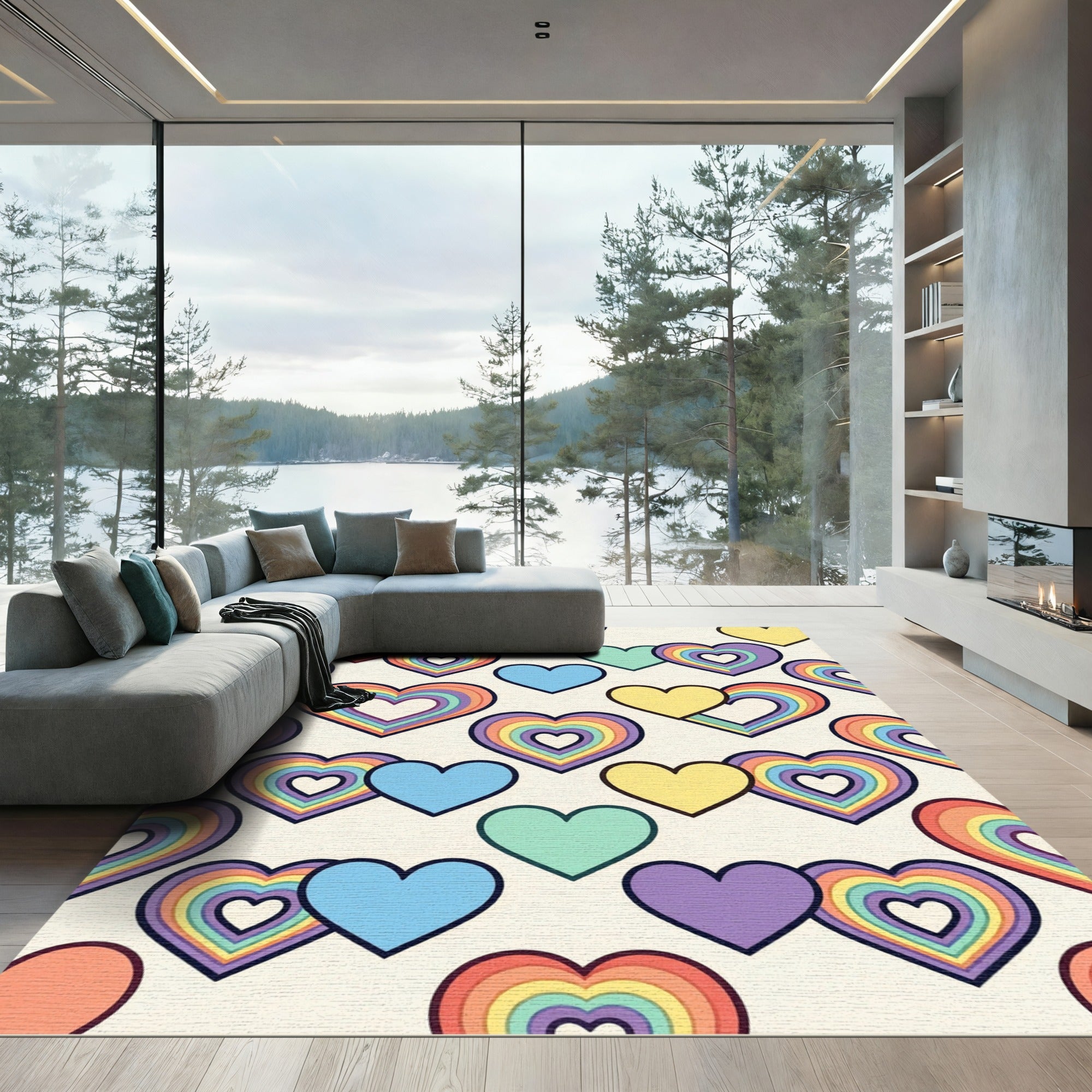 Rainbow Heart Layered Geometric Illustration Rug