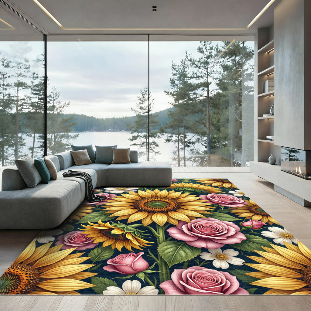 Sunflowers and Pink Roses Floral Botanical Rug