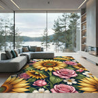 Sunflowers and Pink Roses Floral Botanical Rug