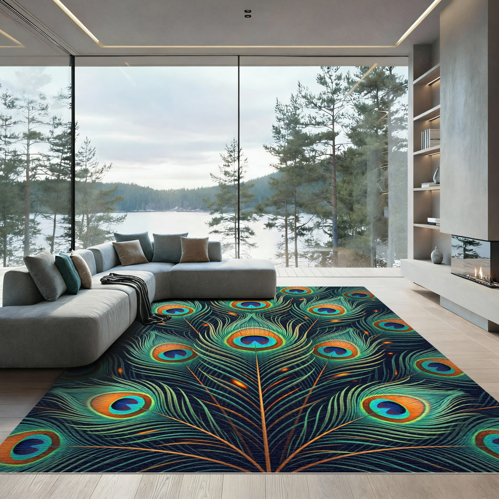 Vibrant Peacock Feather Teal Gold Art Rug