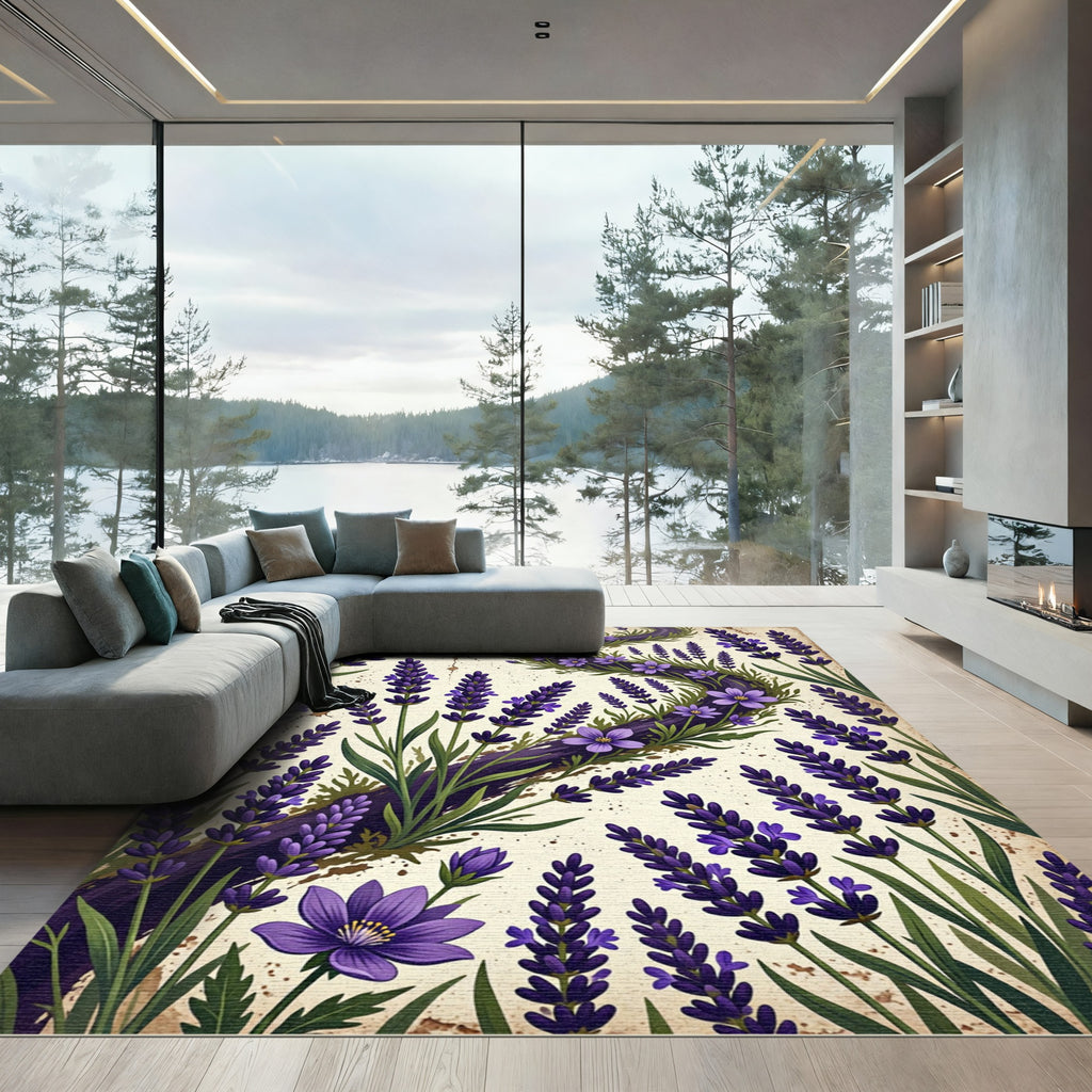 Vintage Lavender Botanical Swirl Floral Rug