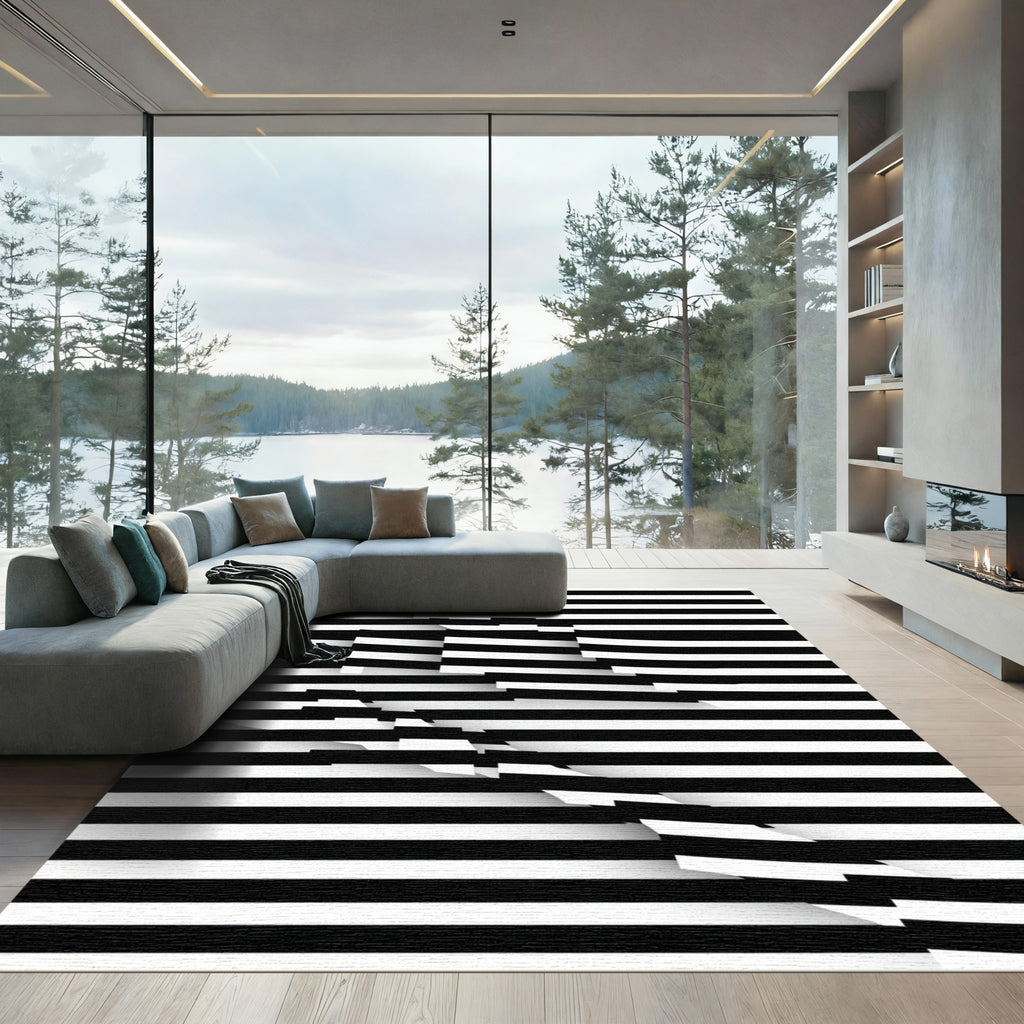 Bold Black White Intertwined Stripes Rug