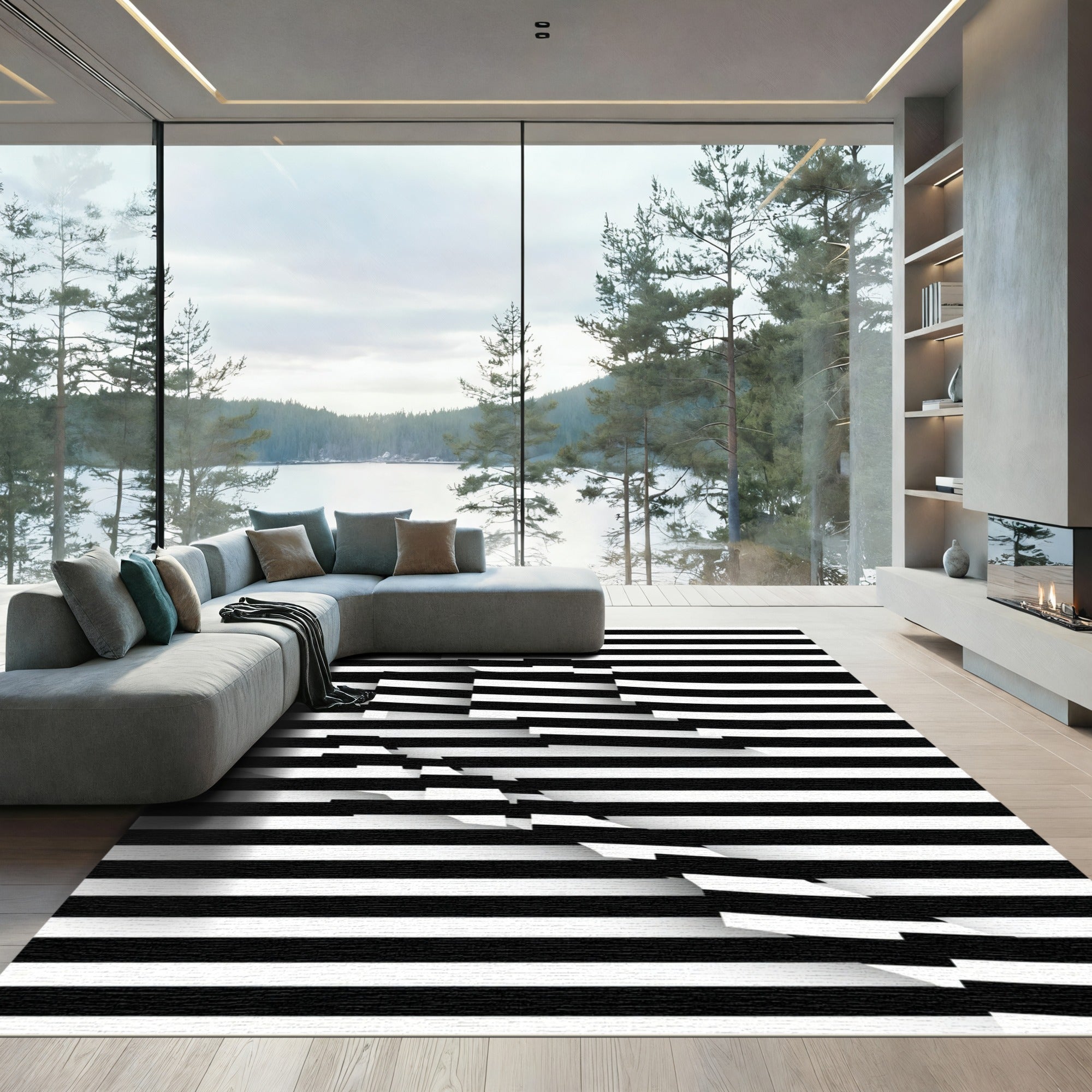 Bold Black White Intertwined Stripes Rug