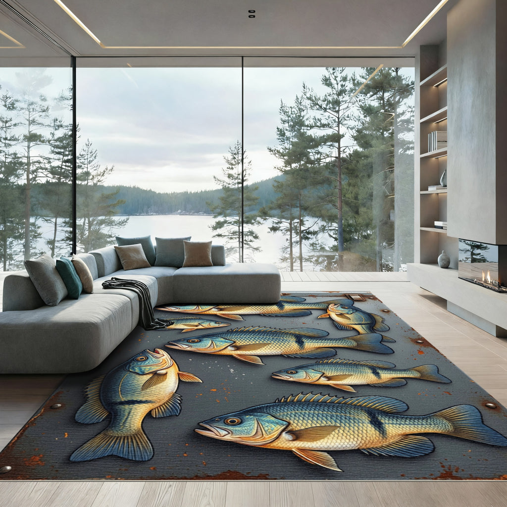 Blue Fish On Industrial Steel Wall Rug