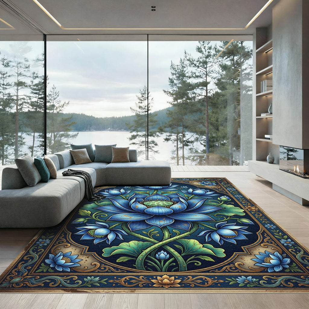 Ornate Blue Lotus Botanical Art Rug